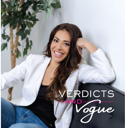 Verdicts & Vogue Podcast with Cristina Perez Hesano Attorney Cristina Perez Hesano smiling on a couch for the Verdicts & Vogue podcast cover