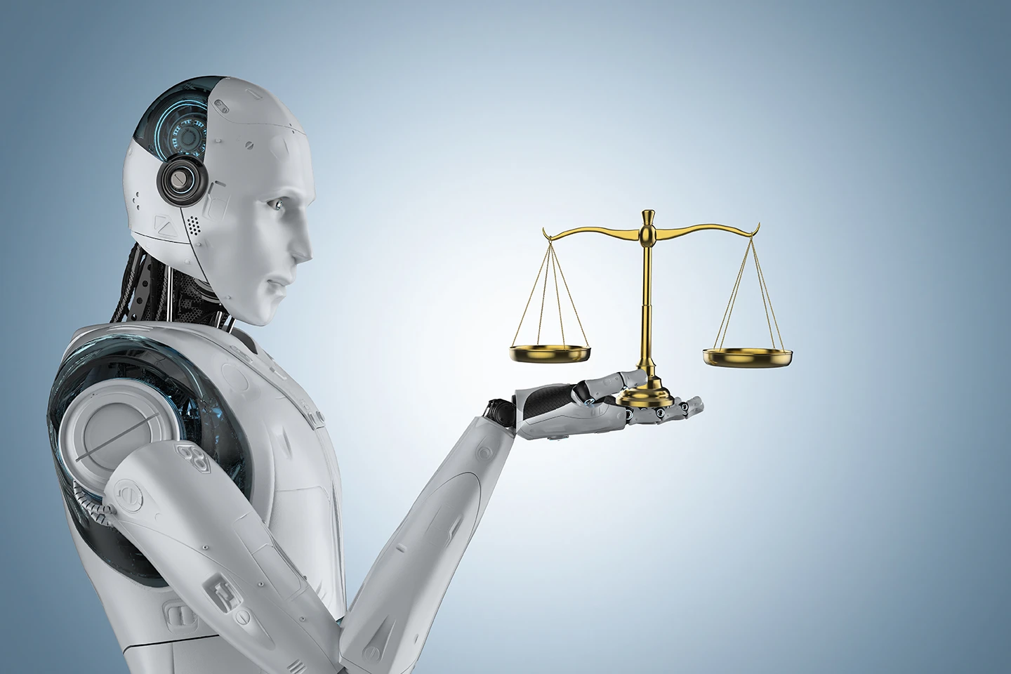 AI and the Future of Legal Work Robot holding a golden scale of justice symbolizing the balance between technology and law