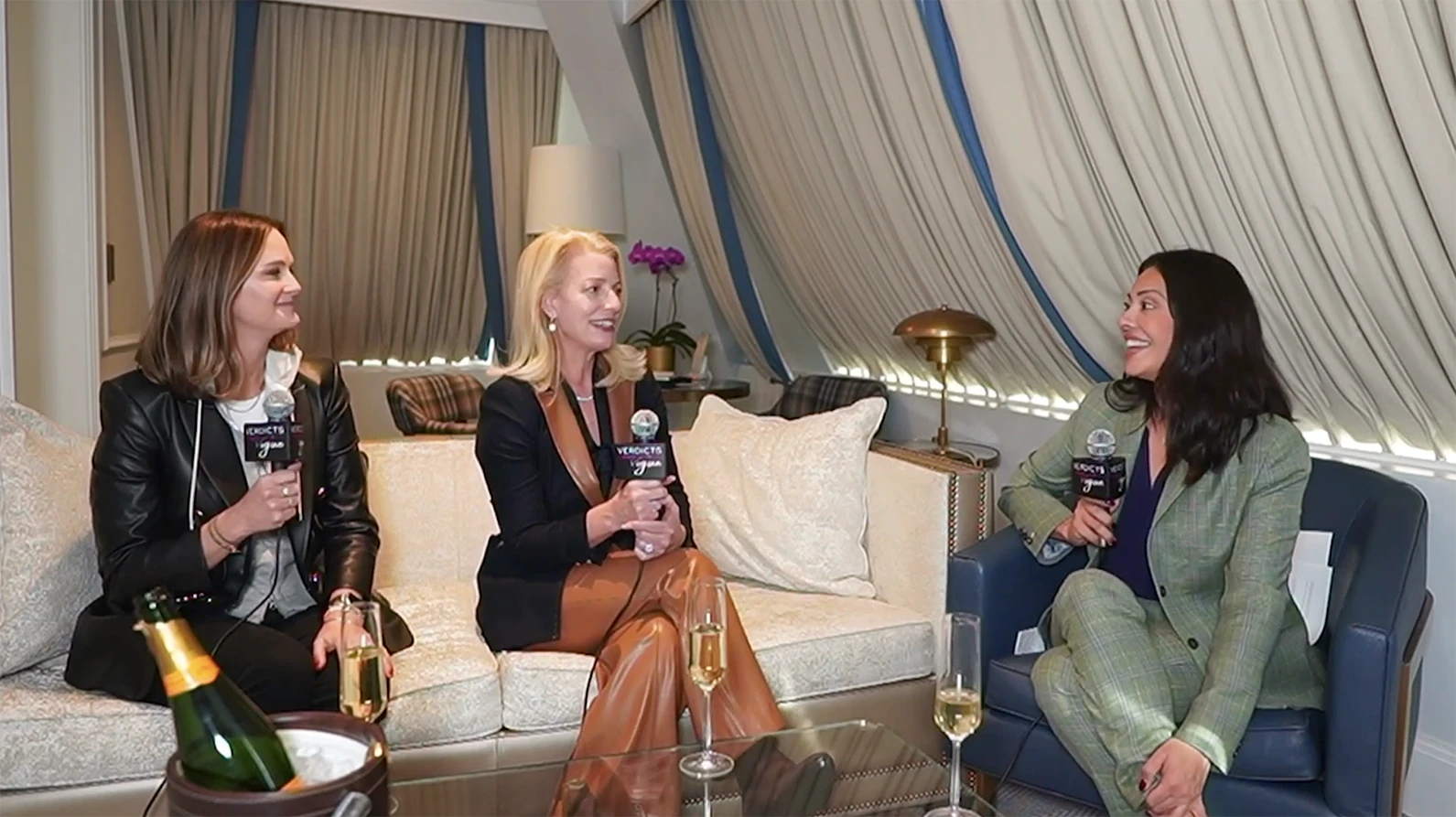 Cristina Perez interviewing trial attorneys Amy Gunn and Erica Slater during a Verdicts & Vogue podcast conversation on building a law firm and trying high-stakes cases