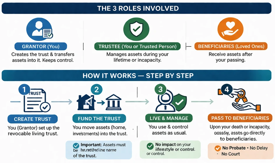 Infographic explaining how a revocable living trust works, including steps like creating the trust, funding it, managing assets, and distributing them after death without probate.