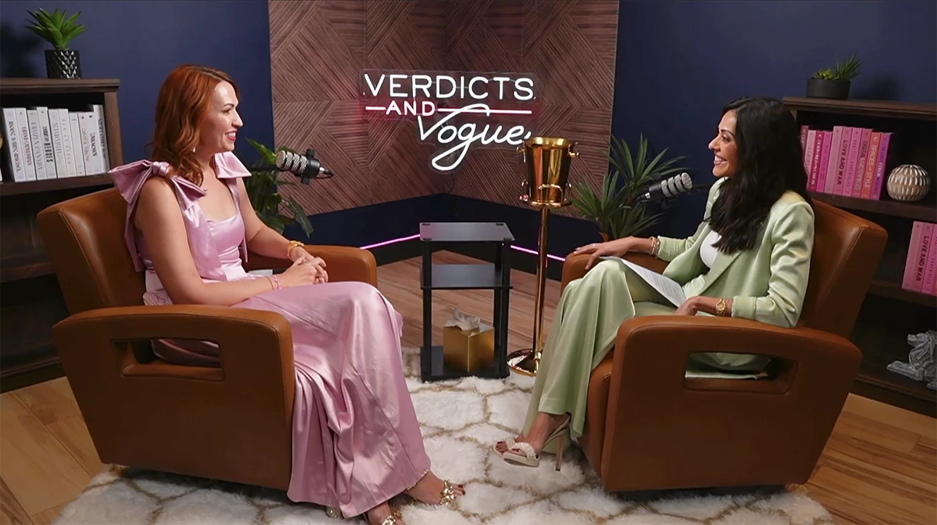 Cristina Perez interviewing attorney Caitlin Engstrand on the Verdicts & Vogue podcast discussing juvenile court, parenting, and protecting children.