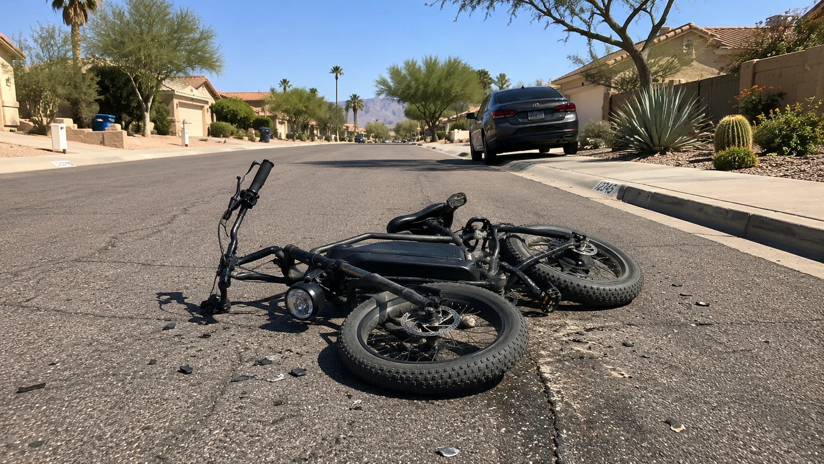 Electric bike lying damaged in the street after an ebike accident in an Arizona neighborhood