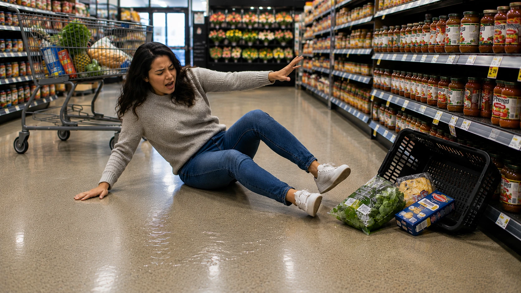Woman slipping on a wet grocery store floor after an unmarked spill, illustrating constructive knowledge in an Arizona premises liability case.
