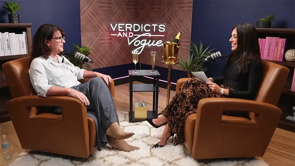 Paula Fosbinder and Cristina Perez discussing legal case funding, business, and leadership on the Verdicts & Vogue podcast.