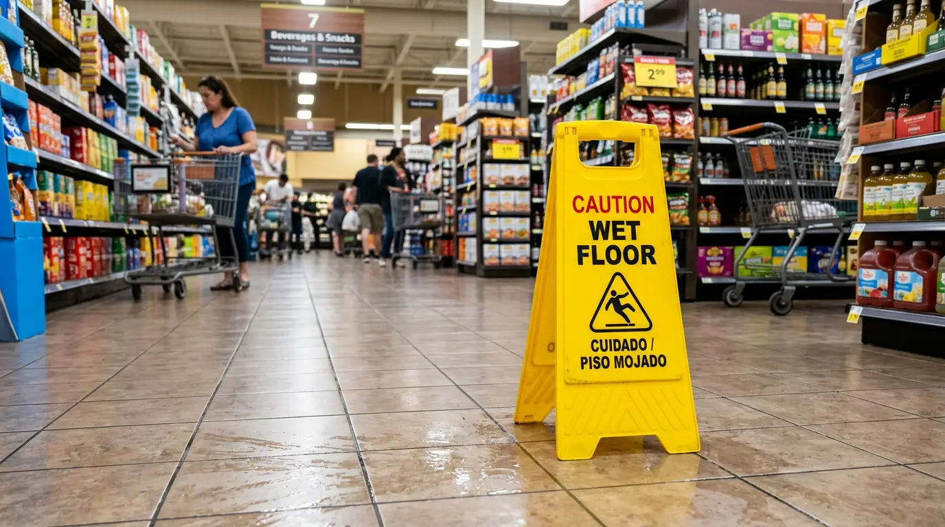 Yellow wet floor warning sign in a grocery store aisle with wet tile flooring, illustrating an Arizona retail slip and fall hazard.