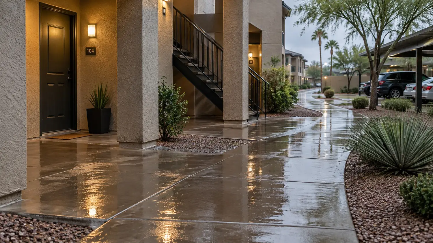 Wet concrete walkway outside an Arizona apartment complex after rain, illustrating potential landlord liability for slip and fall injuries.