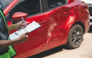 Ajustador de seguros documentando los daños de un automóvil rojo después de un accidente.