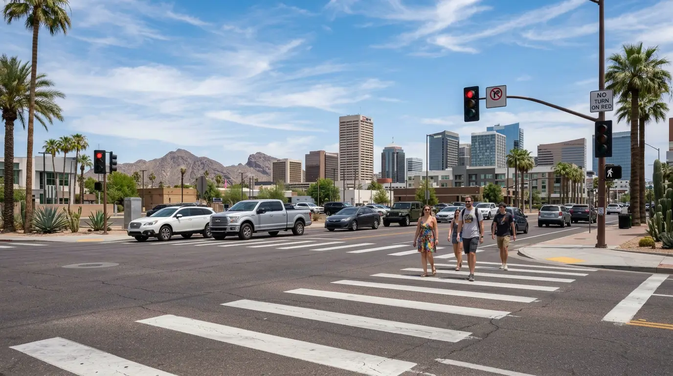 Pedestrians crossing a busy Phoenix intersection with multiple traffic lanes, crosswalk markings, and traffic signals.