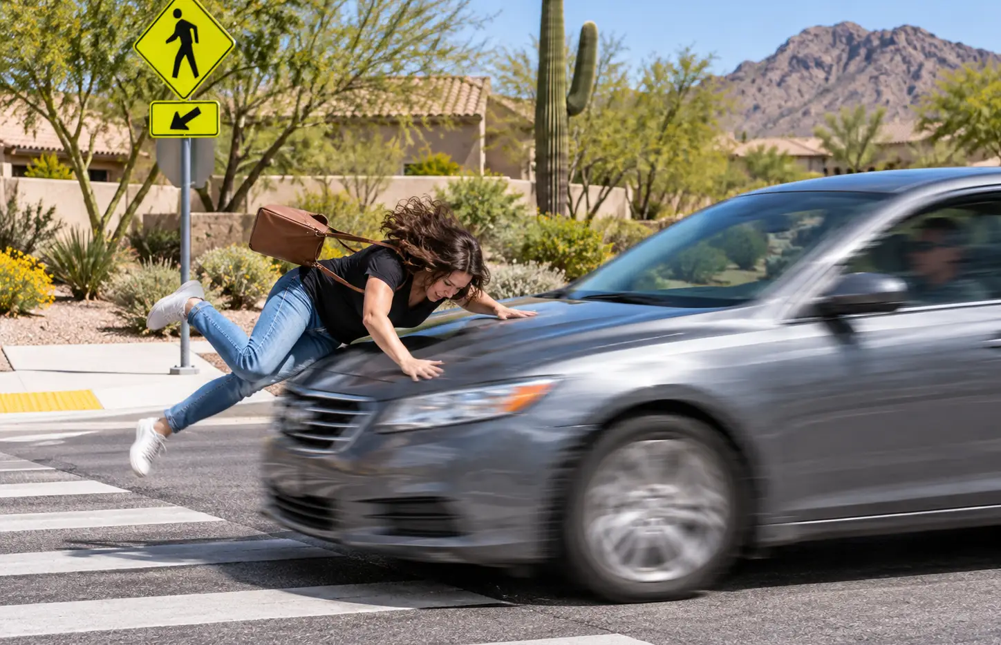 Woman struck by a moving car while crossing a marked pedestrian crosswalk in Arizona.