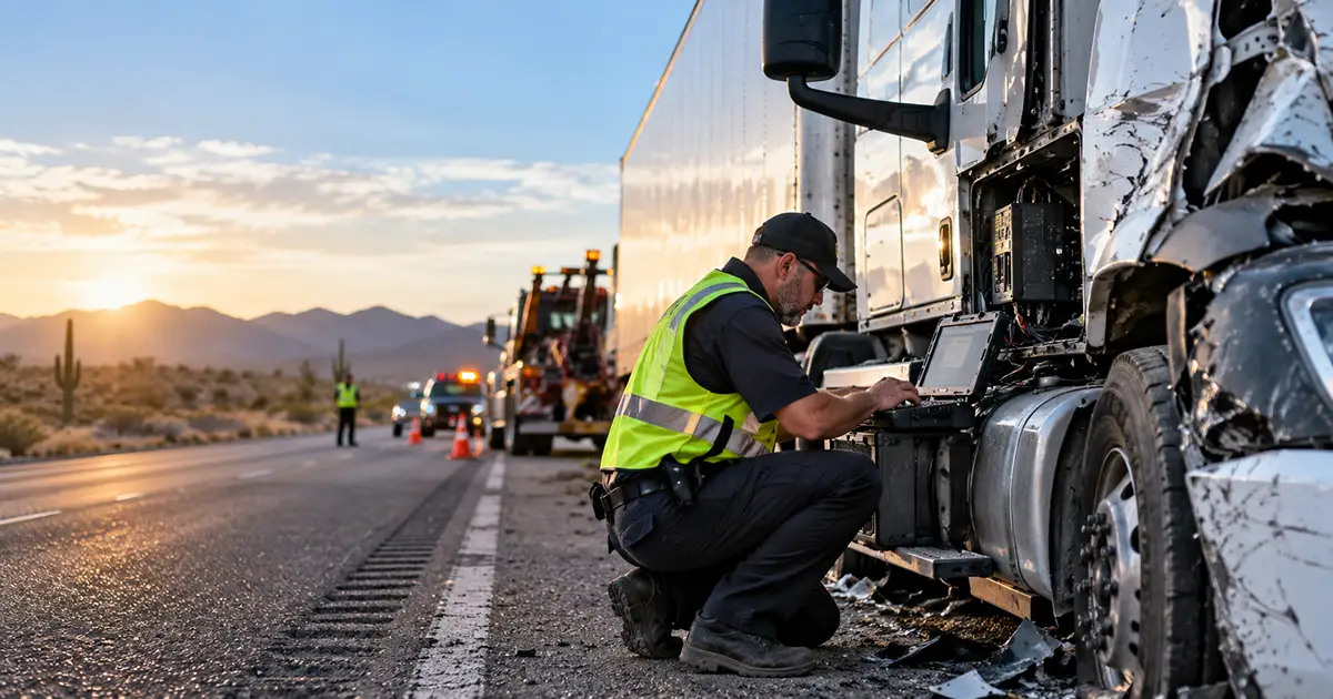 Accident investigator retrieving black box data from a damaged semi-truck on an Arizona highway.