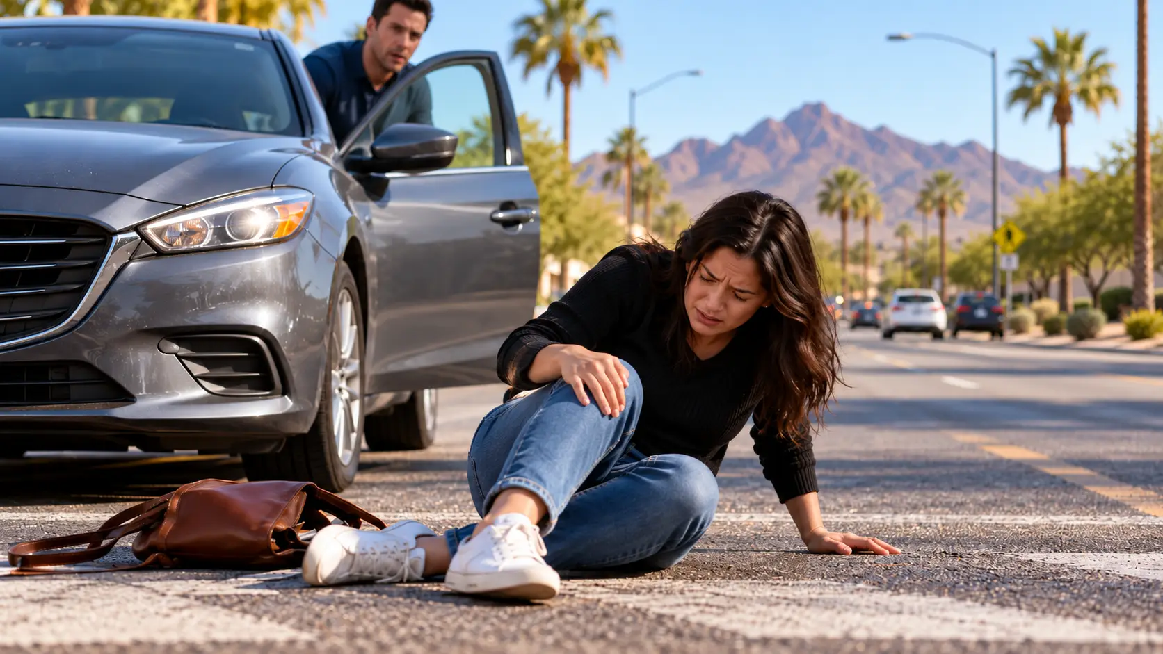 Injured woman sitting on an Arizona roadway beside a stopped car after a pedestrian accident outside a crosswalk.